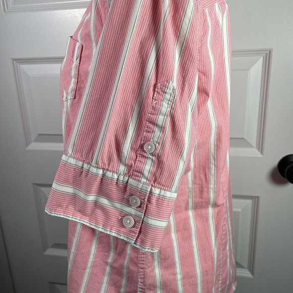 LL Bean Pink Green Stripe Woman’s Blouse Size L Large Short Half Sleeve - Picture 3 of 6